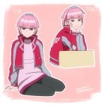  1girl artist_name black_pants blunt_bangs earrings head_rest highres jacket jewelry mollie_(pokemon) multiple_views pants pink_bag pink_hair pink_nails pink_shirt pokemon pokemon_(anime) pokemon_horizons red_jacket shirt sitting smile tau_(tau_1111) 