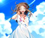  1girl =_= arm_up blue_sky brown_hair casual closed_eyes cloud cloudy_sky collarbone commentary commission day dress facing_viewer feet_out_of_frame floating_hair flying_teardrops hair_ornament hairclip hand_in_own_hair hand_on_own_chest hand_on_own_head happy_tears hisu_(hiss_1107) kagerou_project lens_flare light_rays long_hair mixed-language_commentary neck_ribbon no_scarf official_alternate_costume open_mouth outdoors parted_hair puffy_short_sleeves puffy_sleeves red_ribbon red_trim ribbon short_sleeves sky smile solo summertime_record_(vocaloid) sun sunbeam sunlight tateyama_ayano tears teeth upper_teeth_only white_dress 