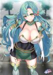  1girl absurdres aqua_hair armor bangs bare_shoulders black_dress blurry blurry_background breasts chloe_(fire_emblem) cleavage commentary_request covered_navel dress elbow_gloves feet_out_of_frame fire_emblem fire_emblem_engage gloves green_eyes hair_between_eyes highres large_breasts long_hair looking_at_viewer nez-box shoulder_armor smile solo standing thighhighs thighs very_long_hair white_gloves white_thighhighs 