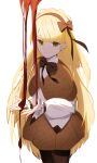  1girl absurdres blonde_hair blood bow bowtie braid brown_bow brown_bowtie brown_capelet brown_hairband brown_pantyhose brown_skirt capelet closed_mouth cowboy_shot crown_braid frilled_sleeves frills green_eyes hair_bow hairband hi_i_dubu highres lobotomy_corporation long_hair long_sleeves looking_at_viewer pantyhose project_moon puffy_long_sleeves puffy_sleeves shirt simple_background skirt solo tiphereth_a_(project_moon) very_long_hair white_background white_shirt 