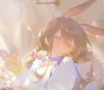  1girl alternate_costume amiya_(arknights) animal_ears arknights blue_eyes brown_hair collarbone commentary dress hat hat_removed head_tilt headwear_removed koujuan looking_at_viewer neck_ribbon open_mouth purple_ribbon rabbit_ears ribbon solo sunlight upper_body white_dress 