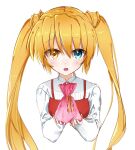  1girl :d alternate_costume apron blonde_hair blue_eyes blush casual colored_eyelashes commentary_request eyes_visible_through_hair gift gift_bag hair_between_eyes heterochromia highres holding holding_gift long_hair long_sleeves looking_at_viewer lower_teeth_only nakatsu_shizuru open_mouth red_apron rewrite ribbon shirt smile solo straight-on teeth twintails upper_body white_shirt yellow_eyes yellow_ribbon zuzuhashi 