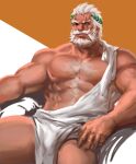 1boy abs alternate_costume ancient_greek_clothes bara bare_pectorals blind_eye bulge commentary dopey_(dopq) feet_out_of_frame full_beard greco-roman_clothes greek_mythology highres king large_pectorals laurel_crown looking_at_viewer male_focus mature_male muscular muscular_male navel_hair nipples old old_man overwatch overwatch_2 pectorals pelvic_curtain reinhardt_(overwatch) revealing_clothes scar scar_across_eye short_hair sitting solo sparse_chest_hair symbol-only_commentary thick_beard thick_eyebrows thick_mustache two-tone_background white_hair zeus_(mythology) 