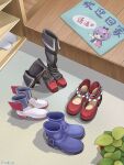  absurdres ayanami_(azur_lane) azur_lane black_footwear blue_footwear boots chaye_mo doormat highres indoors javelin_(azur_lane) laffey_(azur_lane) no_humans red_footwear shadow shoe_rack shoes thigh_boots white_footwear wooden_floor z23_(azur_lane) 