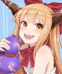  1girl blonde_hair blue_background blunt_bangs blush bow bowtie brown_horns buttons commentary_request flat_chest gourd hair_bow highres holding horns ibuki_suika kisaragi_koushi long_hair looking_at_viewer medium_bangs open_mouth red_bow red_bowtie shirt sleeveless sleeveless_shirt smile solo teeth touhou upper_body upper_teeth_only white_shirt yellow_eyes 