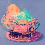  blue_background cloud cookie cup english_commentary food full_moon hoshi-pan moon moon_print no_humans object_focus original plate shadow smoke star_(sky) star_(symbol) still_life tea teabag teacup train 