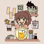  1girl alcohol beer black_cat bowl bright_pupils brown_eyes brown_hair calendar_(object) cat chopsticks garouma highres long_hair open_mouth original own_hands_together ponytail red_shirt shelf shirt short_sleeves smile solo soy_sauce television tiger upper_body white_pupils 