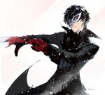  1boy adjusting_clothes adjusting_gloves amamiya_ren black_hair black_jacket cofffee eye_mask gloves high_collar jacket long_sleeves looking_at_viewer male_focus messy_hair outstretched_arm parted_lips patterned_background persona persona_5 red_eyes red_gloves short_hair solo upper_body white_mask 