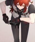  1boy antenna_hair black_gloves black_necktie black_pants closed_mouth diluc_(genshin_impact) genshin_impact gloves hair_between_eyes long_hair looking_down low_ponytail male_focus necktie pants ponytail red_eyes red_hair rnknmrm short_sleeves simple_background 