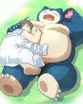  anthro art_hoshi blue_body brown_hair bulge chubby_anthro chubby_human chubby_male clothed clothing duo embrace erection erection_under_clothing eyes_closed eyewear generation_1_pokemon glasses hair hi_res holding_partner hug human human_on_anthro interspecies intimate larger_anthro larger_male lying lying_on_another male mammal moobs multicolored_body nintendo nipples nude pokemon pokemon_(species) pokemon_professor pokephilia professor_neroli size_difference sleeping smaller_human smaller_male snorlax white_body 