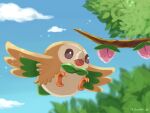  beak berry berry_(pokemon) blue_sky branch brown_eyes cloud commentary flying full_body highres ibusaki_(ivu) leaf no_humans open_mouth outdoors pecha_berry pokemon pokemon_(creature) rowlet sky talons tree 