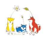  artist_name blue_fur commentary dog flower flower_on_head looking_at_viewer no_humans original pikmin_(series) red_fur rio_(ewanandlianne) simple_background white_background yellow_fur 