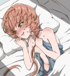 1girl @_@ bare_shoulders bed bed_sheet blue_eyes blue_overalls blush braid breasts brown_hair clothing_cutout crown_braid fang fate/grand_order fate_(series) highres lying navel navel_cutout on_side open_mouth overalls pillow red_pupils shimogamo_(shimomo_12) side_braid small_breasts solo sweat teeth undressing van_gogh_(fate) 