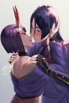 2girls arm_guards blush bob_cut commentary_request dated fate/grand_order fate_(series) fingerless_gloves gloves halterneck hands_on_another&#039;s_head horns imminent_kiss japanese_clothes kimono minamoto_no_raikou_(fate) multiple_girls off_shoulder oni_horns parted_bangs purple_eyes purple_hair purple_kimono red_eyeliner shuten_douji_(fate) signature skin-covered_horns titiduki_(manman-ya) yuri 