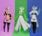  3d_(artwork) alien alien_humanoid armwear blender_(software) breasts clothed clothing digital_media_(artwork) dr._voir dragon_ball eyewear female gardevoir generation_3_pokemon glasses group hair hi_res humanoid legwear looking_at_viewer majin majinvoir mammal nintendo not_furry pokemon pokemon_(species) red_eyes riolukidd simple_background topwear trio video_games warfare_machine white_body 