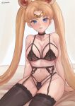  1girl absurdres arm_support bishoujo_senshi_sailor_moon black_bra black_choker black_panties blonde_hair blue_eyes blush bra breasts choker collarbone double_bun garter_straps hair_bun hair_ornament highres large_breasts lingerie long_hair looking_at_viewer navel norza panties sailor_moon sitting skindentation sweat thighhighs tiara tsukino_usagi twintails underwear very_long_hair 