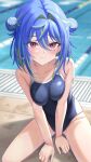  1girl alternate_costume balflear_(oe19nlud) blue_hair blue_one-piece_swimsuit blush breasts breasts_squeezed_together closed_mouth commentary_request competition_swimsuit double_bun full_body green_hair hair_between_eyes hair_bun hair_intakes highres long_bangs looking_at_viewer medium_breasts medium_hair mole mole_under_eye multicolored_hair nanashi_inc. one-piece_swimsuit pink_eyes pool poolside solo suzumi_nemo swimsuit two-tone_hair virtual_youtuber water 