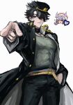  1boy 1girl animal_ears black_eyes black_hair black_headwear black_jacket black_pants blue_hair closed_eyes cosplay genshin_impact highres jacket jojo_no_kimyou_na_bouken jojo_pose kujo_jotaro kujo_jotaro_(cosplay) ono_daisuke pants pointing sigewinne_(genshin_impact) simple_background voice_actor_connection wriothesley_(genshin_impact) yugonm222 