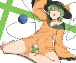  1girl arm_up baketsuya black_headwear blouse bow bra breasts bright_pupils buttons cameltoe diamond_button feet frilled_sleeves frills from_below frown full_body green_bra green_eyes green_hair green_panties hat hat_bow hat_ribbon heart heart_of_string koishi_day komeiji_koishi long_sleeves looking_at_viewer medium_hair no_pants one_eye_closed open_mouth panties ribbon shirt simple_background small_breasts solo teeth third_eye toenails toes touhou underwear upper_teeth_only wavy_hair white_background white_pupils wide_sleeves yellow_bow yellow_ribbon yellow_shirt 
