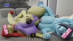  3d_(artwork) absurd_res anthro bed bedroom big_breasts black_hair black_nipples blue_body blue_eyes blue_scales breasts claws clothed clothing digital_media_(artwork) dragon duo eyewear female furniture glasses green_body green_scales haavex hair hand_holding hi_res inside juna_june_(lizzyglizzy) lizzyglizzy looking_at_viewer lying lying_on_bed navel nipple_piercing nipples nude on_bed piercing purple_nipples red_hair scales scalie toe_claws tongue tongue_out topless yellow_eyes 