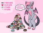  &lt;3 &lt;3_eyes anthro bat breasts dessert dialogue doughnut featureless_breasts female food fur grey_body grey_fur growth_drive hair mammal nude pink_hair pom_(pompuffy) pompuffy_(artist) solo speech_bubble standing tail text thick_thighs wings 
