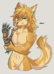  2023 absurd_res altern015 alternate_species anthro blonde_hair blue_eyes canid canine canis claws ear_piercing ear_ring featureless_crotch fingers fur furrification hair hi_res link link_(wolf_form) looking_at_viewer male mammal nintendo piercing ring_piercing signature simple_background smile solo tears_of_the_kingdom the_legend_of_zelda white_body white_fur wolf yellow_body yellow_fur 