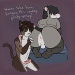  1:1 2022 american_opossum anthro anus armwear backsack balls bed big_butt biped blush brown_body brown_eyes brown_fur brown_hair brown_inner_ear butt chubby_anthro chubby_male clothing crouching cute_fangs dark_hair dialogue domestic_cat duo elbow_gloves english_text erection eyebrows felid feline felis fingerless_(marking) footwear fur furniture genitals glans gloves grey_body grey_clothing grey_footwear grey_fur grey_hair grey_socks hair hair_over_eyes hand_on_butt handwear hi_res humanoid_genitalia humanoid_penis inner_ear_fluff kat_(perfecthorizon) kneeling legwear male male/male mammal marsupial mostly_nude navel nude on_bed penis perfecthorizon pink_body pink_skin presenting presenting_hindquarters red_background round_ears simple_background slim small_balls socks tail tail_tuft text thigh_highs tuft vein veiny_penis virginia_opossum white_body white_fur 