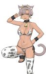  1girl absurdres animal_ear_fluff animal_ears animal_print arm_up armpits bell bikini borrowed_character breasts cat_tail commentary cow_ears cow_horns cow_print cow_print_bikini dark-skinned_female dark_skin detached_leggings feet foot_out_of_frame grey_hair grey_tail hand_on_own_hip headband highres horns kara_(vertigris) large_breasts legs navel navel_piercing neck_bell original parted_bangs piercing sandals sedai short_hair side-tie_bikini_bottom simple_background solo standing standing_on_one_leg swimsuit symbol-only_commentary tail toenails toes v white_background wrist_belt yellow_eyes 