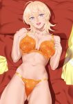  1girl alternate_costume ass_visible_through_thighs bed_sheet blonde_hair bra breasts cleavage commentary_request crossed_bangs green_nails grey_eyes hair_between_eyes hand_on_own_shoulder highres kantai_collection large_breasts lips long_bangs looking_at_viewer navel open_mouth orange_bra orange_panties panties shingyou_(alexander-13) short_hair smile solo stomach teeth tuscaloosa_(kancolle) underwear upper_teeth_only 