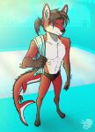  absurd_res anthro big_tail bottomwear canid canine clothing fish fur hi_res kelsier light long_arms long_legs looking_at_viewer male mammal maned_wolf marine navel nipples pool pool_toy shark shark_tail slim_male solo sunlight swimwear tail threehorns vael water 
