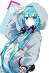  1girl aqua_eyes aqua_hair arm_up blush drawstring grey_hoodie hand_in_pocket hatsune_miku headphones headphones_removed highres hood hood_up hoodie long_hair long_sleeves looking_at_viewer low_twintails ozblpnt solo twintails upper_body vocaloid 