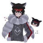  1boy animal_ears animal_hat black_hair black_headwear cabbie_hat chibi chibi_inset closed_mouth coat commentary_request facial_mark fake_animal_ears fur-trimmed_sleeves fur_collar fur_trim glasses grey_coat hat long_sleeves looking_at_viewer male_focus master_detective_archives:_rain_code mikomi_(90m5x) open_mouth paw_print red-framed_eyewear red_eyes round_eyewear short_hair simple_background solo translation_request upper_body white_background zilch_alexander 