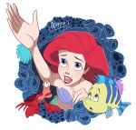  1girl absurdres ariel_(disney) artist_name blue_eyes fish flounder_(the_little_mermaid) highres lobster long_hair looking_at_viewer nippy13 open_mouth red_hair sebastian_(disney) simple_background teeth the_little_mermaid watermark white_background 