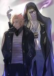  2boys absurdres black_coat black_necktie black_pants black_shirt blonde_hair cigarette closed_mouth coat daybit_sem_void fate/grand_order fate_(series) grey_pants grin hands_in_pockets highres holding holding_cigarette hood hood_up hooded_coat looking_to_the_side male_focus multiple_boys navel necktie pants pectoral_cleavage pectorals shirt short_hair smile smoking solo striped striped_shirt tezcatlipoca_(fate) tinted_eyewear udonmoudon vest white_vest 