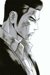  1boy blood blood_on_face character_request frown genandnak long_sideburns looking_down male_focus partially_unbuttoned pectoral_cleavage pectorals profile ryu_ga_gotoku ryuu_ga_gotoku_(series) short_hair sideburns solo suit thick_eyebrows upper_body yakuza 