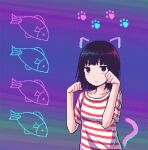  1girl animal_ears black_hair blue_background blunt_bangs blunt_ends blush bob_cut breasts brown_eyes cat_ears cat_tail closed_mouth collarbone commentary fake_animal_ears fake_tail fish gradient_background green_background jitome looking_at_viewer medium_breasts medium_hair nino_berlin original paw_pose paw_print pixel_art purple_background red_shirt shirt small_breasts solo striped striped_shirt symbol-only_commentary tail upper_body white_shirt 