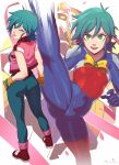  1girl :d ;p allenby_beardsley ass bodysuit breasts commentary g_gundam gloves green_eyes green_hair gundam hair_between_eyes hand_on_own_hip high_kick highres jacket kicking looking_at_viewer mobile_trace_suit multiple_views nobel_gundam one_eye_closed open_mouth pink_jacket razalor simple_background small_breasts smile split standing standing_on_one_leg standing_split tongue tongue_out v-shaped_eyebrows yellow_gloves 