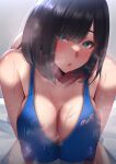  1girl andou_you black_hair blue_one-piece_swimsuit breasts breasts_squeezed_together bright_pupils cleavage competition_swimsuit covered_nipples green_eyes hexagon_print large_breasts one-piece_swimsuit open_mouth original short_hair solo steaming_body swimsuit teacher wet wet_clothes wet_swimsuit white_pupils 