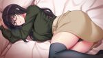  1girl ass bed_sheet belt black_hair black_panties black_thighhighs breasts brown_hair brown_skirt commentary_request glasses green_shirt hair_between_eyes huyumitsu large_breasts long_hair long_sleeves looking_at_viewer lying on_side open_mouth original panties pillow shirt skirt solo thighhighs thighs underwear 