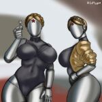  atomic_heart big_breasts blonde_hair breasts clothing duo faceless female front_view grey_body grey_clothing grey_leotard hair holding_key holding_object huge_breasts humanoid key leotard looking_at_viewer machine metallic_body navel_outline robot robot_humanoid side_view softygear the_twins_(atomic_heart) thick_thighs thigh_gap topwear wide_hips yellow_clothing yellow_topwear 