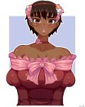  absurdres berserk breasts brown_eyes brown_hair casca_(berserk) choker dark-skinned_female dark_skin dress flower hair_flower hair_ornament hairband highres juliet_sleeves light_blush lips long_sleeves looking_at_viewer parted_lips puffy_sleeves red_choker red_dress short_hair simmsy sweatdrop upper_body 