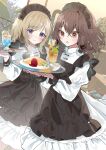  2girls alternate_costume apron black_apron blonde_hair blush brown_eyes brown_hair closed_mouth drink drinking_straw enmaided food hair_between_eyes highres holding holding_tray long_hair long_sleeves maid maid_headdress maribel_hearn multiple_girls omelet omurice open_mouth purple_eyes shirt tamagogayu1998 touhou tray usami_renko white_shirt 