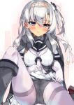  1girl beritabo black_headband black_panties black_sailor_collar blush bodysuit breasts cape embarrassed grey_cape grey_eyes grey_hair grey_neckerchief hachimaki headband highres kantai_collection neckerchief one_side_up panties panties_under_bodysuit pleated_skirt sailor_collar skirt small_breasts solo suzutsuki_(kancolle) underwear white_bodysuit white_headband white_neckerchief white_skirt 