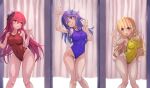 3girls against_glass anemone_(flower_knight_girl) blonde_hair blue_eyes blue_one-piece_swimsuit cattleya_(flower_knight_girl) competition_swimsuit covered_navel crossover curtains feet_out_of_frame flower_knight_girl highleg highleg_swimsuit highres long_hair matsu520 men_at_work!_3 multiple_girls one-piece_swimsuit phyllis_siphon purple_hair red_eyes red_hair red_one-piece_swimsuit standing swimsuit yellow_one-piece_swimsuit 