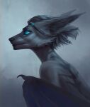  anthro back_markings black_nose blue_eyes blue_pupils blue_wings cheek_tuft ears_back facial_tuft female fur glowing glowing_eyes grey_body grey_fur grey_hair hair hi_res marie_merkh markings membrane_(anatomy) membranous_wings mouth_closed nude pivoted_ears pupils short_hair side_view signature simple_background solo tuft wings 
