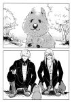  2boys black_coat blonde_hair coat daybit_sem_void fate/grand_order fate_(series) greyscale hand_on_leg highres jacket jewelry long_hair maiko_tyun male_focus monochrome multiple_boys necklace open_clothes open_jacket quokka shirt short_hair simple_background smile squatting sunglasses tezcatlipoca_(fate) tinted_eyewear tree trench_coat white_shirt 