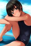  1girl absurdres barefoot black_eyes black_hair black_one-piece_swimsuit cowboy_shot head_tilt highres hugging_own_legs knee_up knees_to_chest looking_at_viewer matsunaga_kouyou one-piece_swimsuit original pool poolside school_uniform short_hair sitting solo swimsuit water 