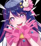  +_+ 1girl black_background blue_hair blush gloves hair_between_eyes hair_ornament hands_up highres hoshino_ai_(oshi_no_ko) korean_commentary long_hair looking_at_viewer multicolored_eyes multicolored_hair open_mouth oshi_no_ko pink_eyes pink_gloves pink_hair purple_eyes rabbit_hair_ornament simple_background smile solo star_(symbol) star_hair_ornament streaked_hair teeth tongue upper_body xu_wen_(bbb2822828) 