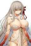 1girl armlet asamura_hiori bare_shoulders belly_chain blush body_markings bracelet breasts cleavage collarbone colored_skin durga_(fate) earrings facial_mark fate/grand_order fate_(series) forehead_mark gradient_skin grey_hair hair_ribbon highres jewelry large_breasts long_hair orange_eyes pelvic_curtain red_skin revealing_clothes ribbon sash snake thumb_ring very_long_hair 