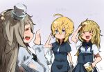  3girls ahoge bag blonde_hair blue_dress blue_eyes blue_necktie collared_shirt dress dress_shirt gradient_neckerchief grey_background grey_hair hair_bun kantai_collection long_hair multiple_girls necktie pola_(kancolle) ranger_(kancolle) salute shirt shopping_bag short_hair simple_background single_side_bun sunday_aki thick_eyebrows tuscaloosa_(kancolle) wavy_hair white_shirt 